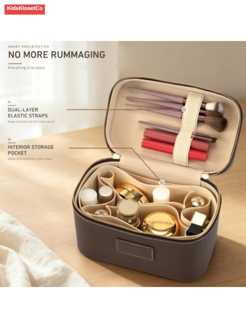 Vintage PU Leather Makeup Train Case Travel Cosmetic Organizer with Brush - Picture 4 of 5